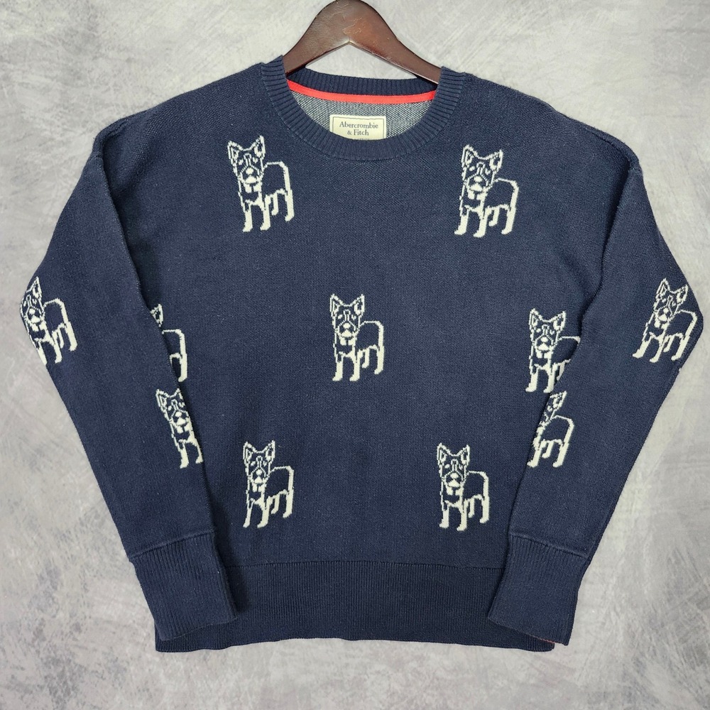 Abercrombie Fitch Boston Terrier Bulldog Sweater Navy Blue Medium Knit Crewneck